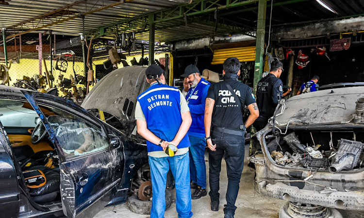 Agentes da força-tarefa fiscalizam sucatas de veículos encontradas em ferro-velho na Avenida Brasil